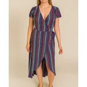 Sandy & sid dress maxi rainbow striped wrap dress high low waist tie SZ M